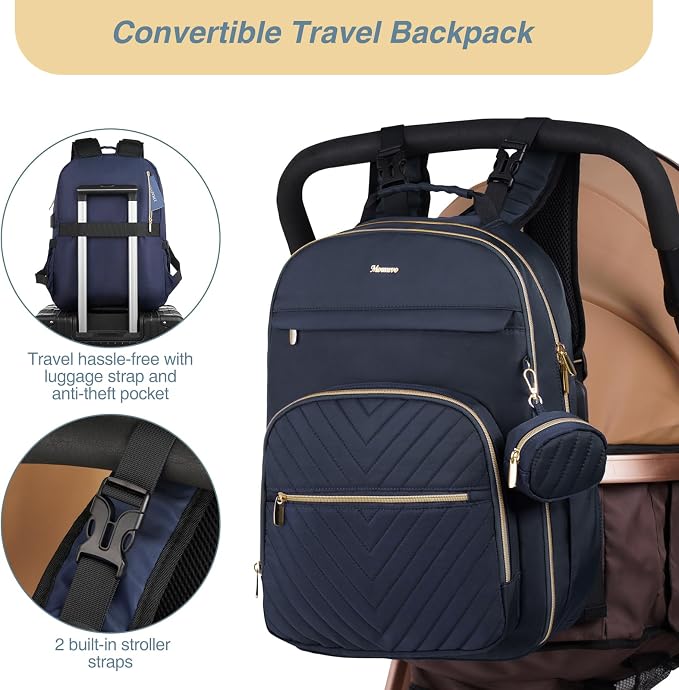 Diaper Bag Backpack, Quilted Baby Bag with Changing Pad & Stroller Straps & Pacifier Case, Large Travel Diaper Bags for Mom Dad, Blue - Image 6