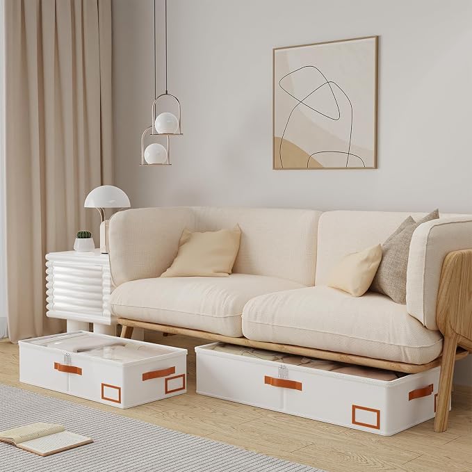 Yawinhe Under Bed Storage, 1 Pack Underbed Storage Box, Collapsible Storage Bag, with Sorting card slot and 4 Leather Handles, for Blanket, Bedding, 23.6''Lx11.8''Wx6''H, Beige | Underbed storage bag with clear window, clothes storage with classificati... - Image 2