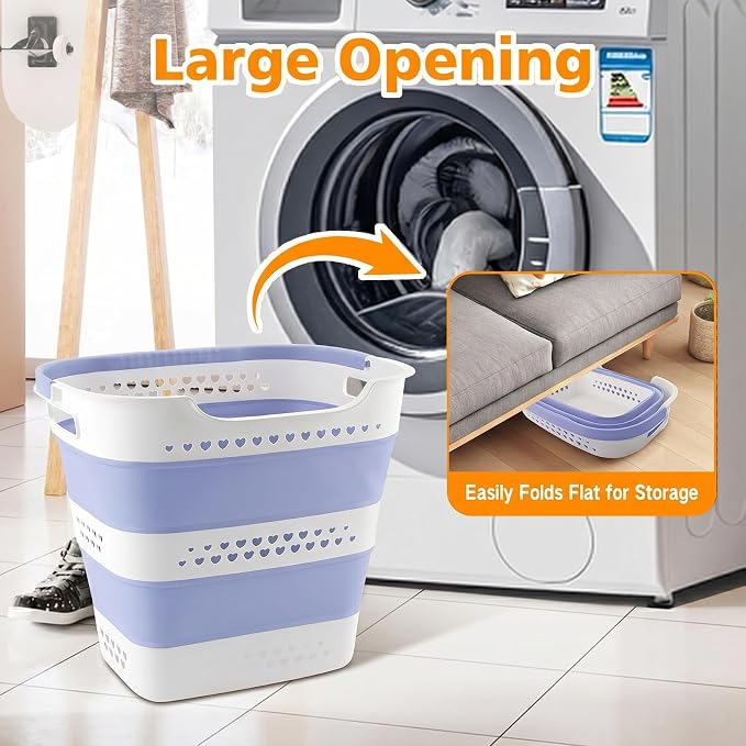 Collapsible Plastic Laundry Basket Hamper with Handles, Foldable Pop Up Storage Container Organizer for Washing Storage, Blue - Image 5