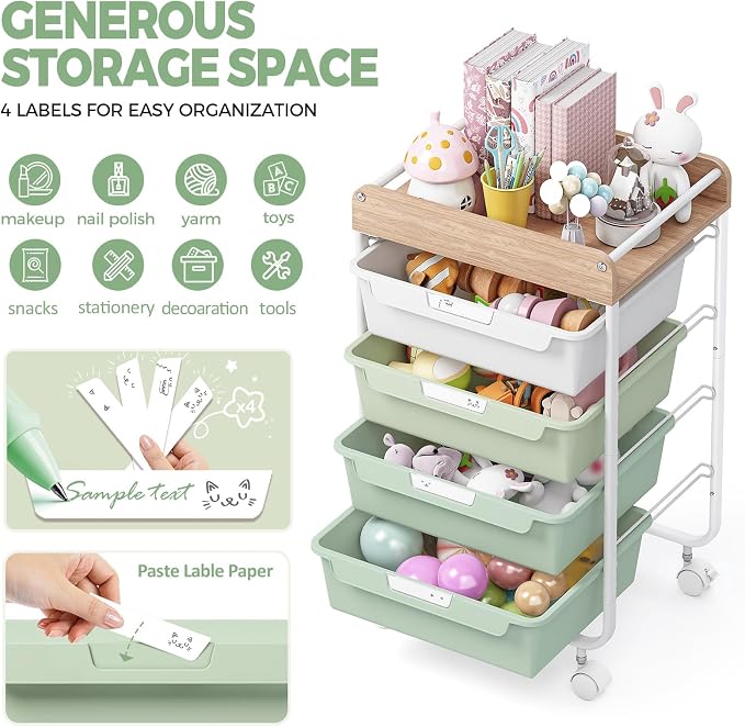 SYKIARIOL Rolling Storage Utility Cart with 4 Drawers,Art Cart,Green | Kids Craft Cart,Makeup Organizer and Storage with Wooden Tabletop - Image 2