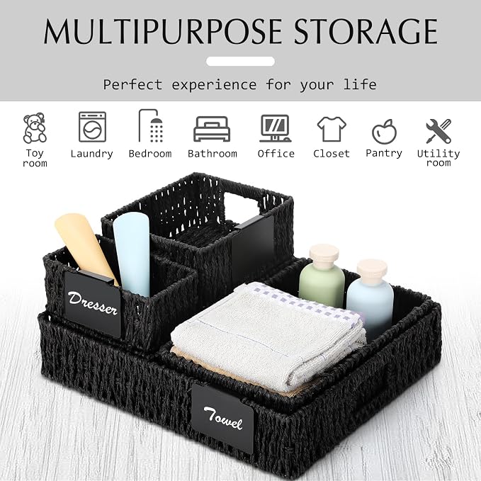 Marsui 9 Pcs Paper Rope Storage Baskets with Handle Labels Handwoven Multi-size Black Storage Bins for Organizing Small Baskets Container for Shelves Closet Pantry Toilet - Image 4