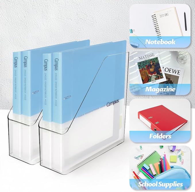 4Pcs Clear Acrylic Magazine File Holder Desktop Storage Organizer | Clear acrylic plastic bins for documents desktop sorter organizer for home office school desktop supplies. - Image 4