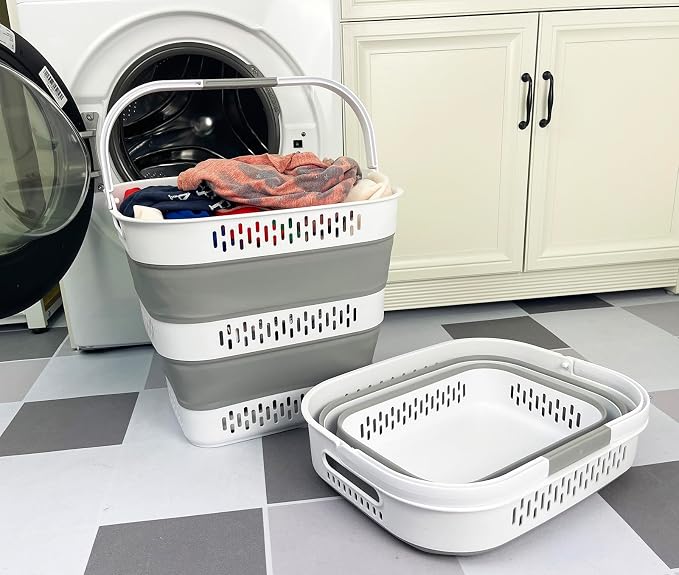 SAMMART 40L (10.5 Gallon) Collapsible Plastic Laundry Basket with Handles - Foldable Pop Up Storage Container/Organizer - Portable Laundry Hamper - Space Saving (2, White/Grey) - Image 4