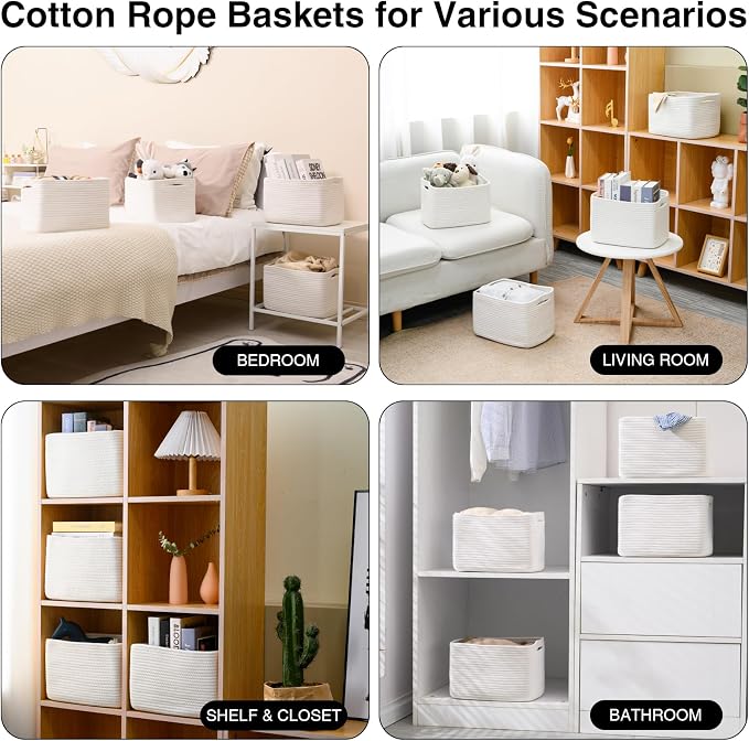 White Storage Baskets for Organizing, Woven Storage Baskets for Shelves, Cotton Rope Basket for Storage, Cute Rectangular Book Toy Basket, 12.7"×9.1"×7.9", 4 Packs, Off White - Image 4