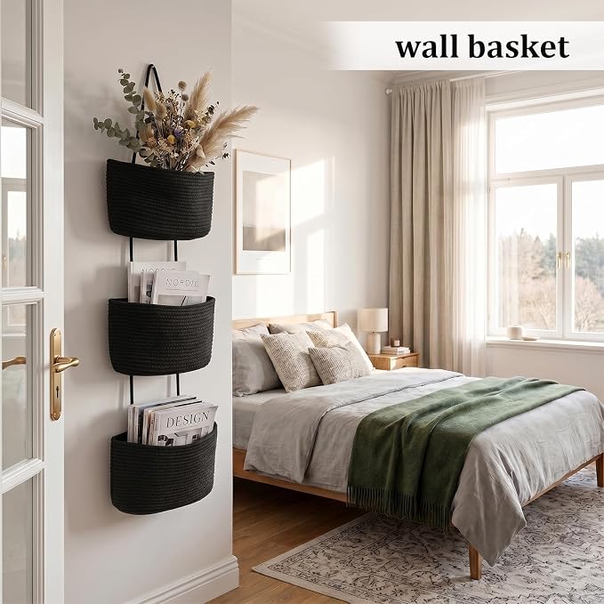TeoKJ Over the Door Hanging Basket, 3-Tier Woven Cotton Wall-Mounted Storage Organizer Bag Decorative Hanging Nursery Baskets, Black - Image 3