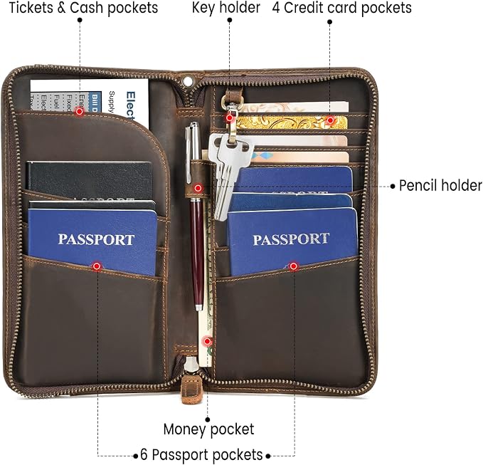 Polare Full Grain Leather Family Travel Passport Wallet and Documents Organizer RFID Blocking Case Holder Fits 6 Passports for Men and Women - Image 2