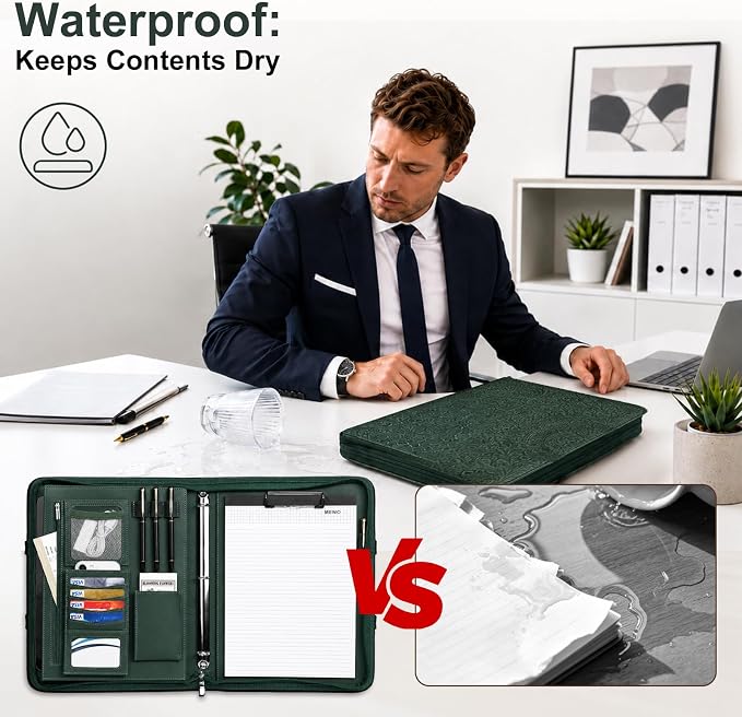Padfolio Portfolio Binder with Handle, 3-Ring Folder Organizer | Vegan leather portfolio with notepad. Includes 5 sheet protectors for documents/files and 1 pen - Image 8