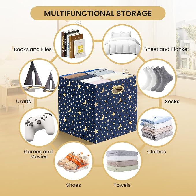 Posprica 13x13x13 Storage Cube Bins, Collapsible Storage Bins Fabric Storage Cubes Organizer Baskets Box Drawers for Shelves, Closet, Wardrobe, Bookshelf, Cabinet, Blue-Moonstar, 4 Pack - Image 5