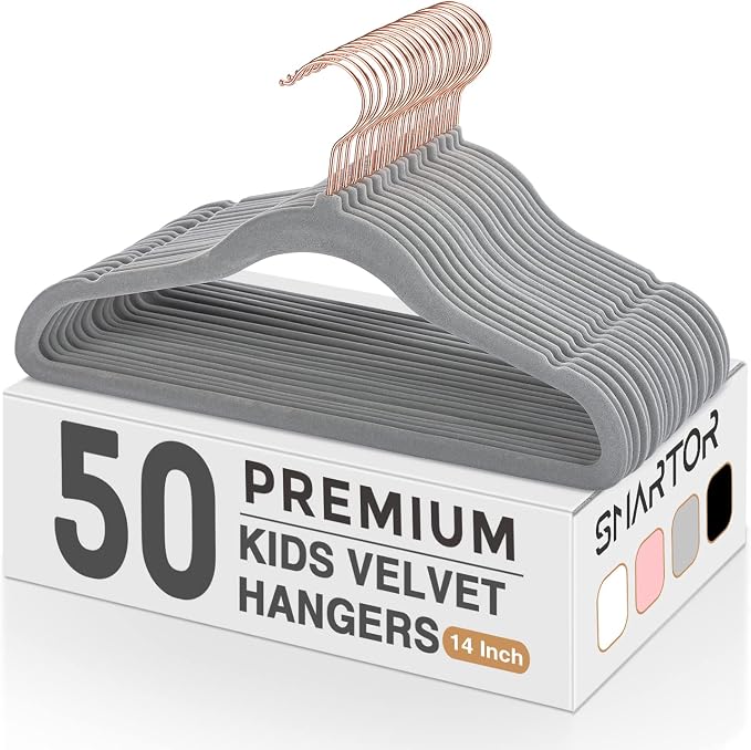 Kids Velvet Hangers 50 Pack, 14 Inch Premium Non Slip Kids Felt Hangers for Closet, Space Saving Toddler Clothes Hanger for Youth's Childrens' Clothes (Rose Gold Hook)- Grey | Premium Kids Hangers for Closet Storage, Space Saving Toddler Clothes Hanger... by Smartor