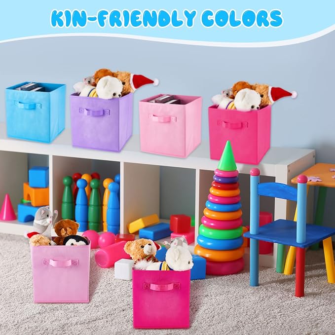 Yinder 12 Pcs Cube Storage Bin 10.5''x10.5''x11'' Storage Bins for Kids Classroom Decor Colorful Bins Foldable Baskets for Playroom Nursery Organizer Fabric Boxes (Sky Blue, Purple, Pink, Rose) - Image 5