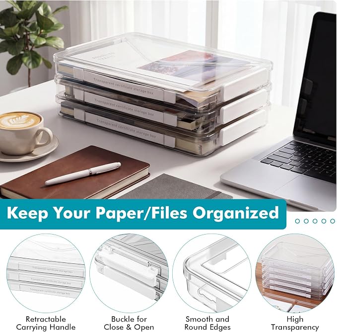 3 Pack Plastic Storage Bin with Lid, Portable Project Case with Handle | 14" x 9", Heavy Duty Clear Storage Box, Stackable File Document Protector Container, Sturdy Project Case for A4 Letter Paper - Image 4