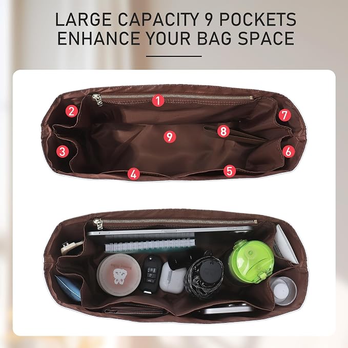 Purse Organizer Insert for Coach Brooklyn 39 | 9 Pockets with YKK Side Zipper & Elastic Water Bottle Holder | Waterproof Tyvek Bag Organizer for Coach Brooklyn Tote/Shoulder Bag(39, White-Brown) - Image 4