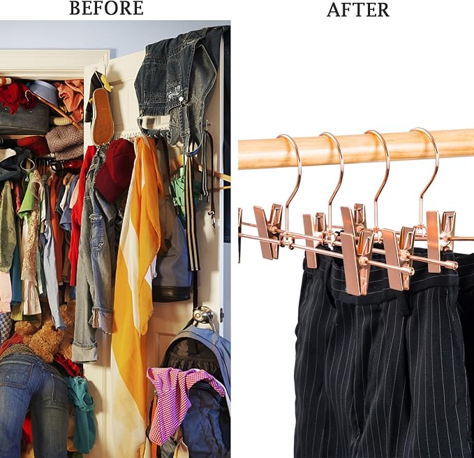 13.8" Rose Gold Pants Clothes Hangers, 10 Pack Trouser Hangers with Clips Metal Trouser Clip Hangers,Heavy Duty Metal Wire Adjustable Clips Bottom Trousers Legging Organizer - Image 7