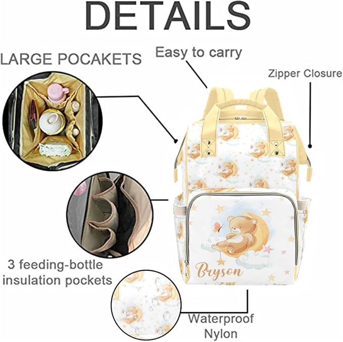 Custom Diaper Bag with Name Personalized Bear Nylon Travel Backpack for Holiday Travel Customized Nappy Changing Bag with Pockets for New Mom - Image 5
