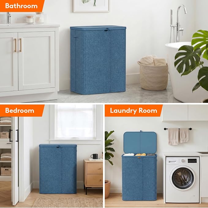 Lifewit 185L 3 Section Laundry Hamper with Lid, Laundry Basket, Dark Blue | Large Foldable Laundry Sorter with 3 Removable Bags, Tall Clothes Hamper for Bedroom and Bathroom - Image 8