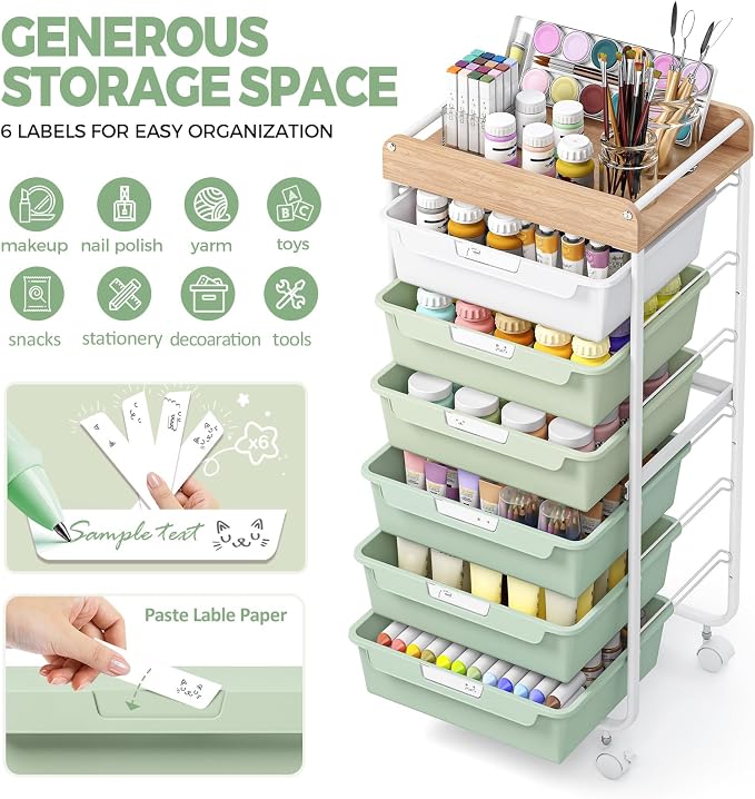 SYKIARIOL Rolling Cart with 6 Drawers,Art Craft Organizer and Storage,Green | Utility Storage Cart with Drawers,Makeup Organizer With Wooden Tabletop - Image 4