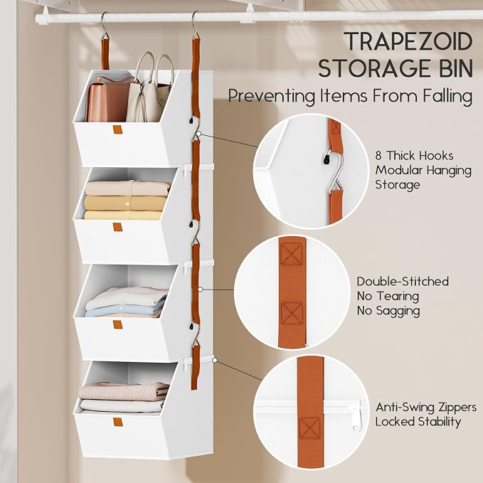 Hanging Closet Organizer 4 Tier - Clothes Hanging Shelves, Space-Saving Closet System, Fabric Storage Bins Bedroom Organization, Collapsible Baskets for Home, Dorm, Rv, White, 8 Pack - Image 4
