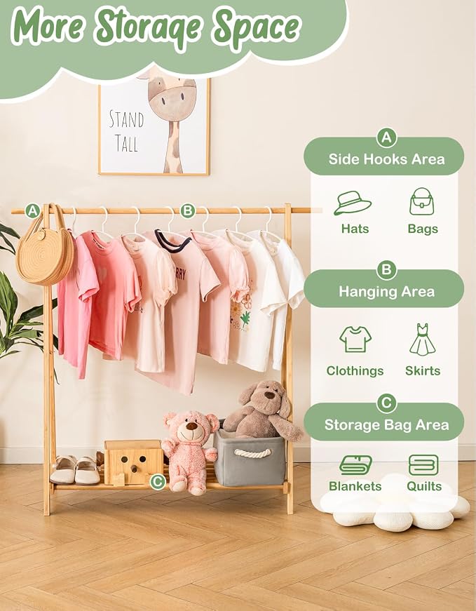 Kids Clothing Rack with Storage Shelf, Kids Dress Up Rack, Dance Costume Garment Rack for Hanging Clothes,Garment Rack for Hanging Clothes Organizer, Bamboo (Natural) - Image 3