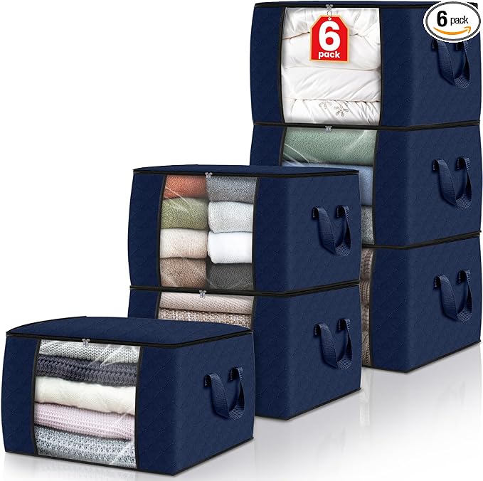 6 Pack Storage Bags for Clothes Blanket Storage Bins with Lids | Foldable Closet Organizers with Zippers,Window and Handles,Fabric Storage Bins for Sweater,Comforter,Bedding,Dorm essentials by Fabtotes