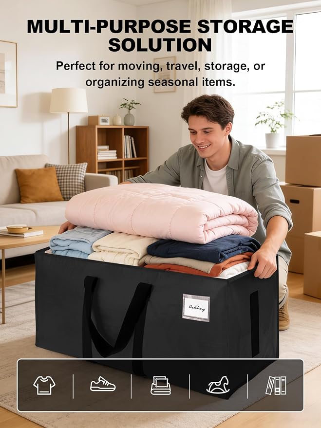 HOMESURE Supports 200lbs Heavy Duty Moving Bags - Strong Zipper & Wrap-Around Handles - Water-Resistant Storage Totes, Durable Alternative to Moving Boxes - 4 Pack - Black - Image 4