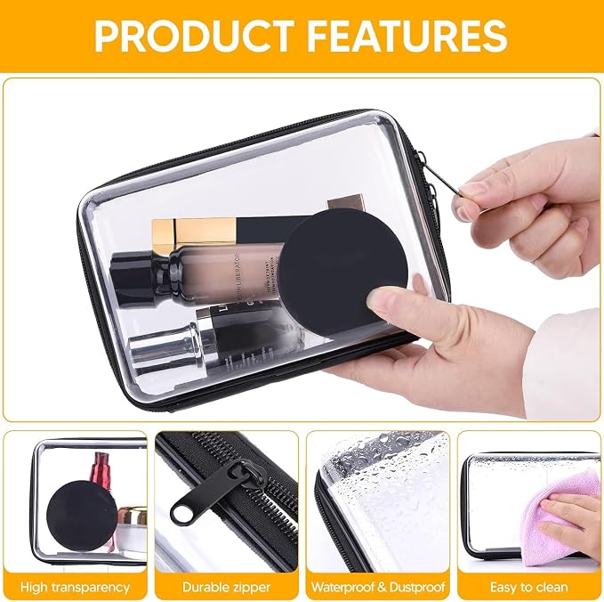 3PCS Clear Hard Shell Zipper Case 13.8 * 11.8 * 2 IN (Black) | Transparent shell for easy item access. Works as cosmetic bag, toy pouch, diaper organizer and pencil case. - Image 2