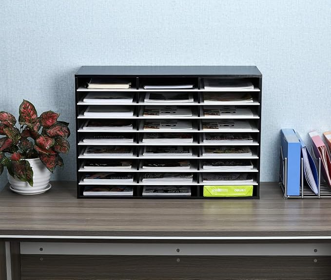 EasyPAG 27 Compartments Wooden Literature Organizer with Adjustable Shelves, 13500 Sheets Capacity Paper Organizer, Classroom Mailbox and Mail Sorter for Teachers and Office, Black/White - Image 3