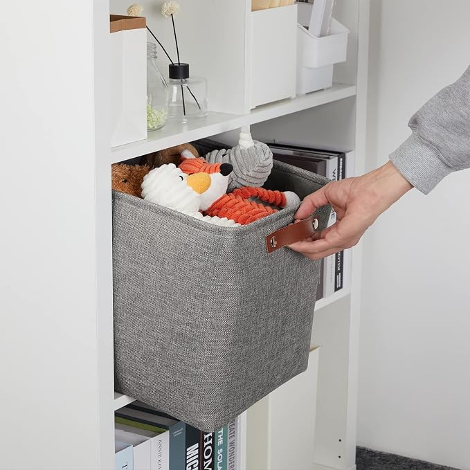 DULLEMELO 12 inch Cube Storage Bins, Large Collapsible Grey Storage Baskets for Square Cubes Organizing, Fabric Boxes Bins for Shelves Nursery Home Office Storage(4 Pack - 12" Grey) - Image 5
