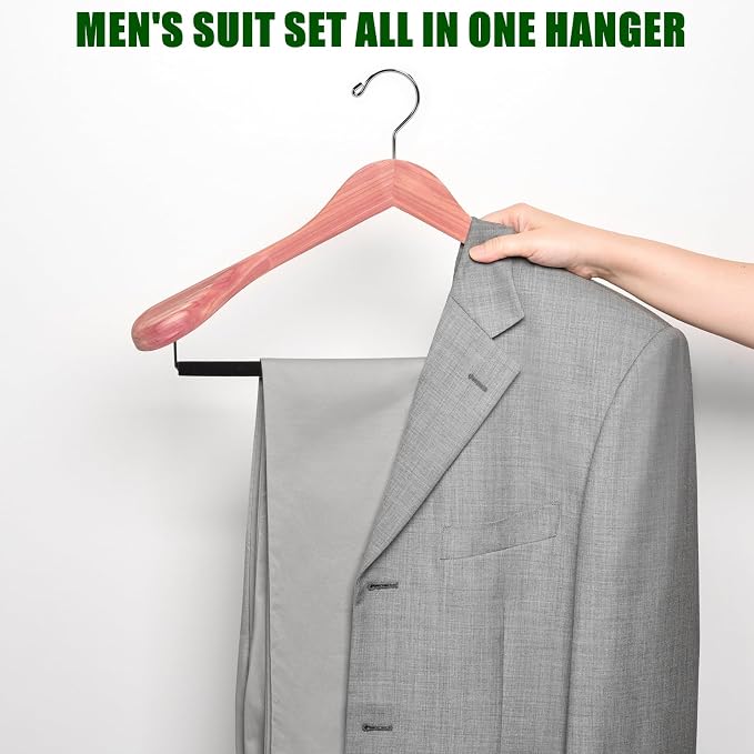 Amber Home 10 Pack Cedar Wood Suit Coat Hangers with Extra Wide Shoulder | Wooden Clothes Hangers with Non-Slip Velvet Pant Bar, Natural Cedar Hangers for Coats & Jackets - Image 7