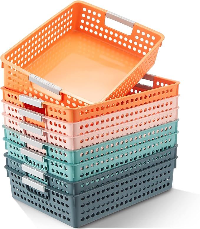 Leinuosen 8 Pack Classroom Paper Trays 14''x10'' Hold Turn in Trays for Classrooms, Stackable Paper Tray Organizer Color Coded Teacher Desk Organizer for School Office(Bright Color) by Leinuosen