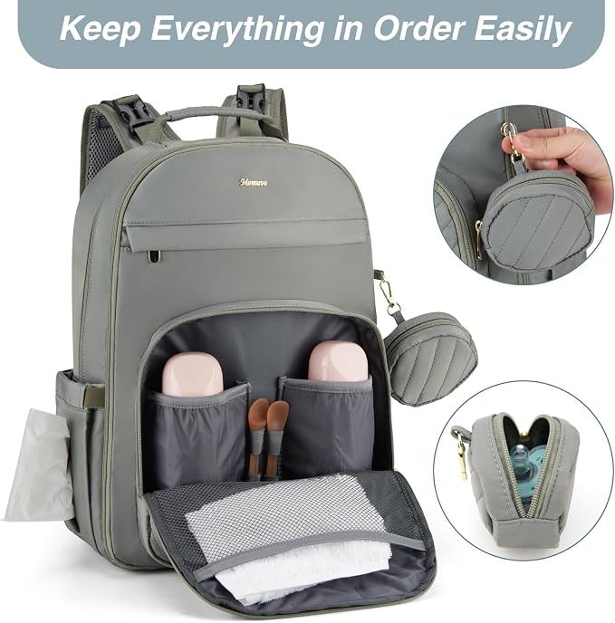 Diaper Bag Backpack, Quilted Baby Bag with Changing Pad & Stroller Straps & Pacifier Case, Multifunction Waterproof Travel Diaper Bags, Unisex, Olive Green - Image 4