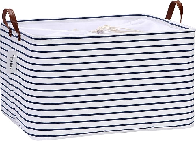 Hinwo 70L Extra Large Canvas Storage Bin with Lid and Handles | Collapsible Fabric Basket, Closet Shelf Organizer, Container for Clothing, Blankets, Toys, Bedding (Blue Stripe) by Hinwo