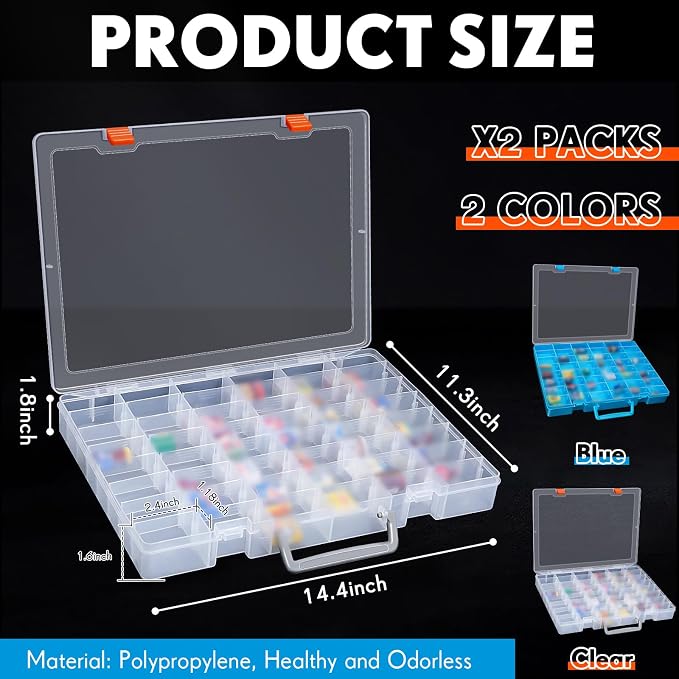 2 Pcs 48 Grids Plastic Bead Organizer Box with Divider, Clear, Blue - Image 2
