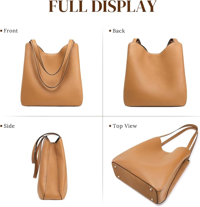 S-ZONE Soft Genuine Leather Tote Bag for Women, Shoulder Handbag Purses | Top Grain Pebbled Cowhide Leather, Fits 9.7" Pad, Multi Compartments, Bottom Metal Rivets, for Work Travel Daily - Image 7