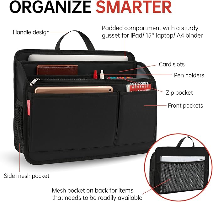 Large Rugged Organizer Insert for Briefcase Tote Shoulder Messenger Bag-20 Pockets,Padded Water-repellent Nylon-Black - Image 2