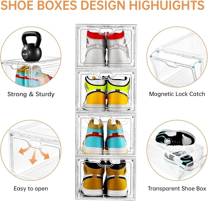 INSTY 12 Pack Large Shoe Storage Box, Clear Shoe Storage Organizer with Magnetic Door, Stackable,Shoe Containers For Display Sneakers, Easy Assembly, Fit up to US Size 12, Clear - Image 3
