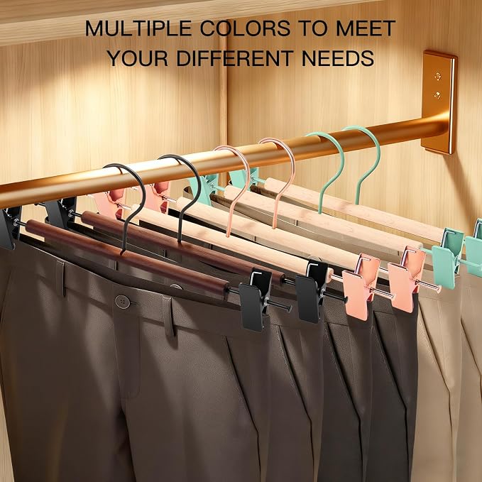 Wooden Pants Hangers with Clips 12 Pack, Heavy Duty Adjustable Clip Non Slip Skirt Hanger for Jeans, Trousers, Short, Clothes, Space Saving Closet Organizer (Green, 12 Pack) - Image 2