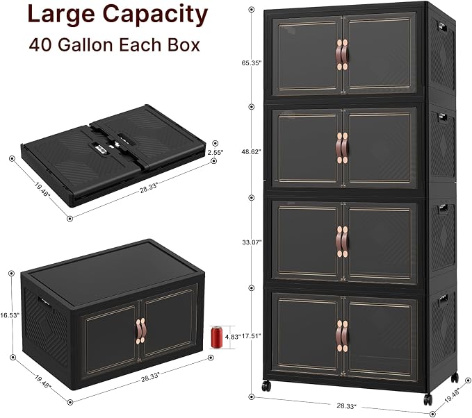 Extra Large Stackable Storage Bins, Lockable Storage Bins with Lids | Folding Storage Box with Doors and Wheels, Collapsible Plastic Drawers for Home, Garage, Office (4, Black, Extra Large) - Image 2