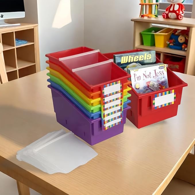 6 Pack Plastic Picture Book Classroom Library Bins with Dividers, Rainbow | Plastic Shelf Bin Organizer for Classroom Library, Book, Documents, Files Magazines, Multi-Purpose Book Holders with Labels - Image 7