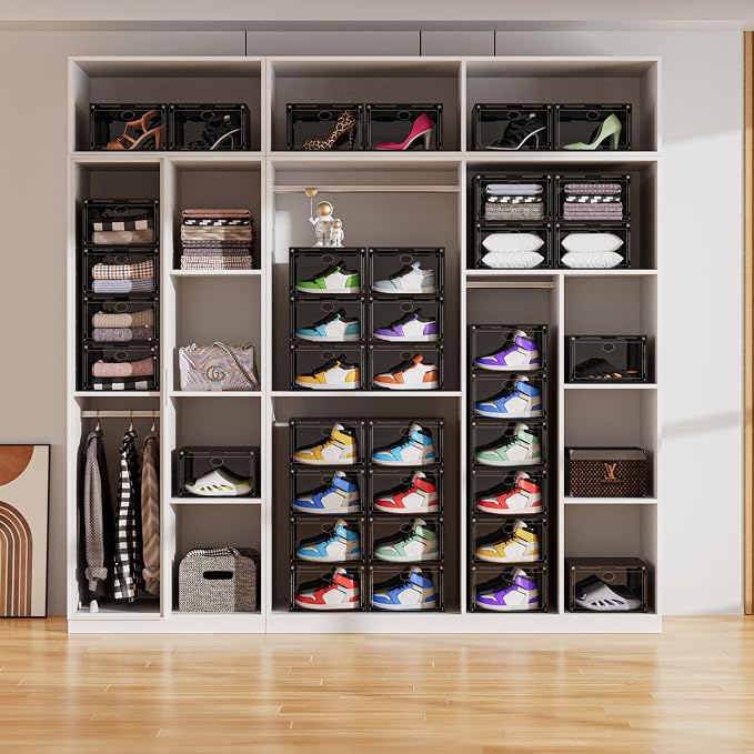 Large Clear Plastic Stackable Shoe Boxes 8-Pack, Drop Side Shoe Organizers | Black Sneaker Storage Display Cases with Magnetic Door, Premium Shoe Container Fits up to US Size 13, for Closet Organization - Image 7