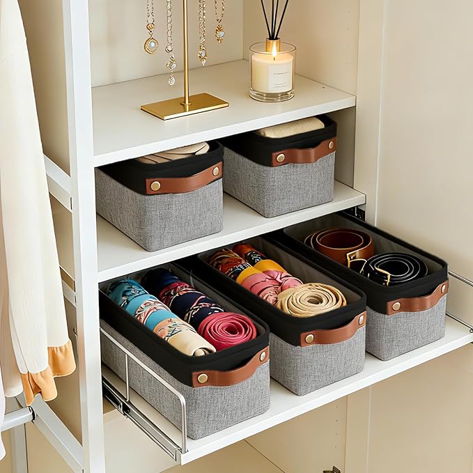 Small Fabric Storage Baskets, 15x6x5 inch Narrow Storage Bins 4-Pack Long Storage Basket for Organizing with Handles, Decorative Basket for Closets, Shelves, Toilet Paper, Grey - Image 3