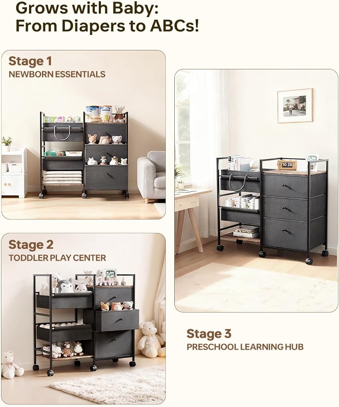 2-in-1 Baby Diaper Caddy Organizer and Storage-3 Tier Rolling Baby Cart with Dividers and Drawers, Baby Essentials for Nursery Storage, Mobile Utility Cart with Wheels Large Capacity Easy To Assemble - Image 5