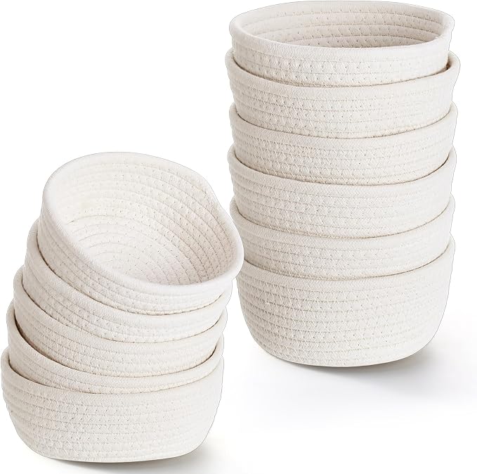 12 Pack Small Storage Basket Cute Natural Cotton Rope Woven Basket Tiny Boho Decorative Toy Storage Bin Gift Baskets for Home Organizing, Closet, Shelf, Nursery, Bathroom(Round,Beige) by Yinkin