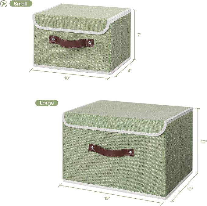 ANMINY Fabric Storage Box Bins with Lids, Green, 10"x8"x7" | Keepsake Memory Storage, Cotton Linen, PP Board Reinforced, Washable, PU Handles, Foldable & Stackable, Decorative, Small - Image 5