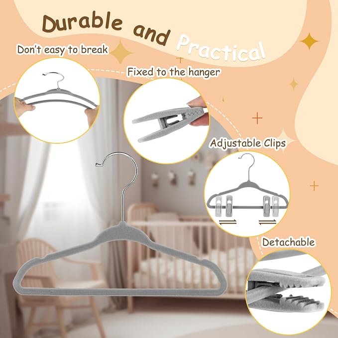 50 Pack Velvet Hangers for Baby & Kids, 11 Inch Non-Slip Infant Clothes Hangers with 100 Multi-Use Adjustable Clips, Slim Space Saving Hanger for Nursery Closet, Toddler Skirts Pants Coat,Grey - Image 3