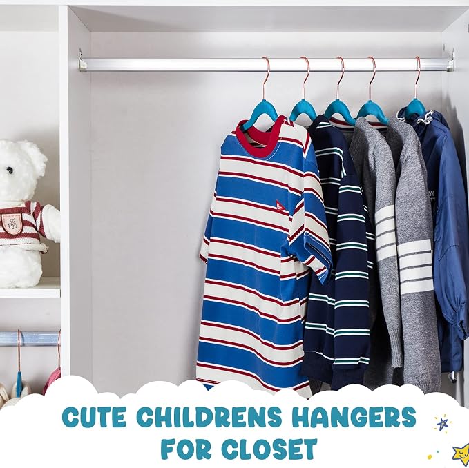 HOUSE DAY Velvet Kids Hangers 60 Pack, Premium Childrens Hangers for Closet | Light Blue Ultra Thin Cute Clothes Hanger, Non Slip Small Felt Hanger 14 Inch for Kids Clothes +360° Swivel Rose Gold Hook - Image 4