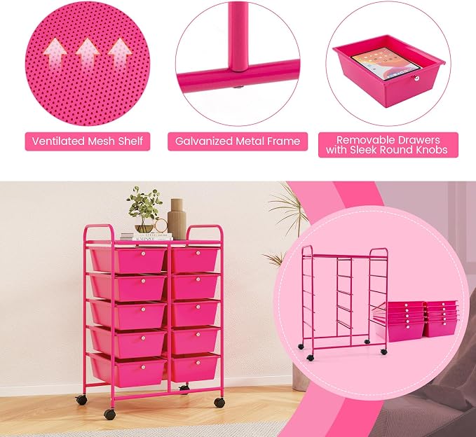 RELAX4LIFE 10-Drawer Rolling Storage Cart - Mobile Craft Art Supply Storage Organizer for Tool Scrapbook Paper Salon, Office School Classroom Teacher Rolling Cart with Drawers, Utility Cart on Wheels - Image 6
