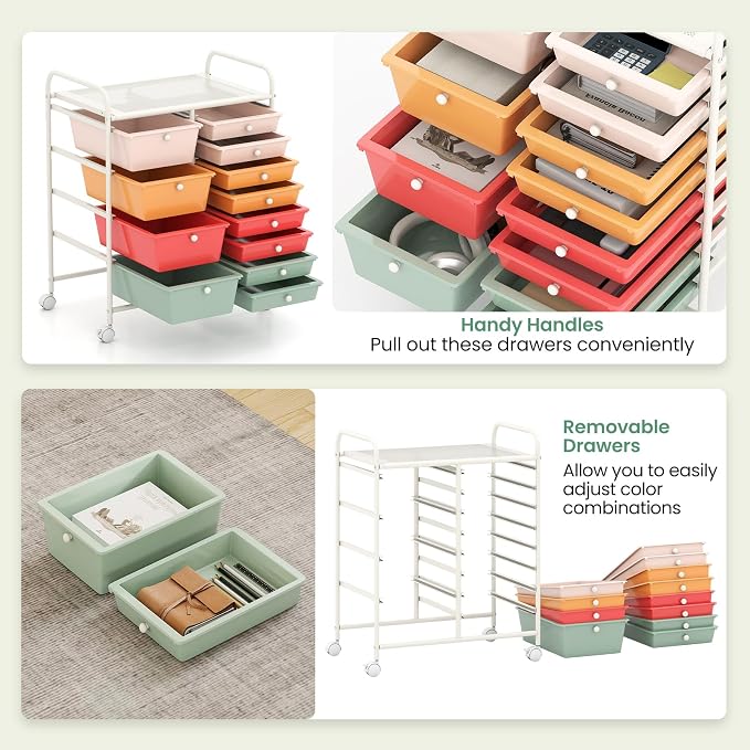 12 Drawer Rolling Storage Cart, Rolling Cart with Drawers for Classroom, Art Supply Craft Organizer on Wheel with Metal Frame & Handles for Home Office School (Macaron, 12 Drawer Left-Right) - Image 4