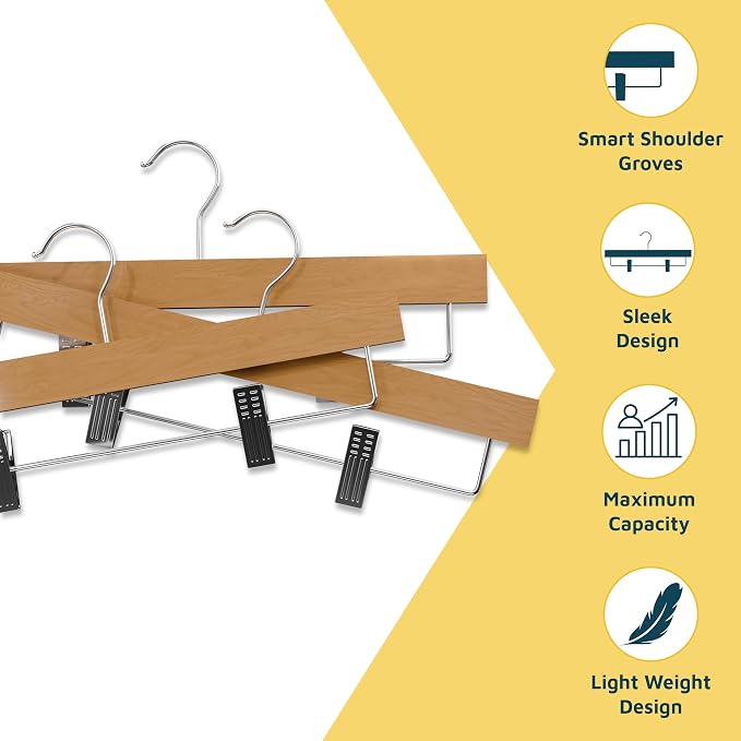 Natural Color Wooden Pants Hangers 50 Pack, Lotus Wood Hanger with Adjustable Non-Slip Clips, Heavy Duty 10 lb Capacity, 360° Swivel Hook, Slim, Space-Saving Design for Slacks, Jeans, Skirts - Image 3