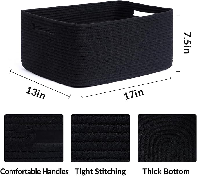 MiniArk Large Storage Baskets for Shelves, 17 x 13 x 7.5” Closet Organizers Bins for Clothes Blanket Towels, Baby Nursery, Toy Baskets Box, Woven Rope Baskets, 2 Packs Black - Image 2