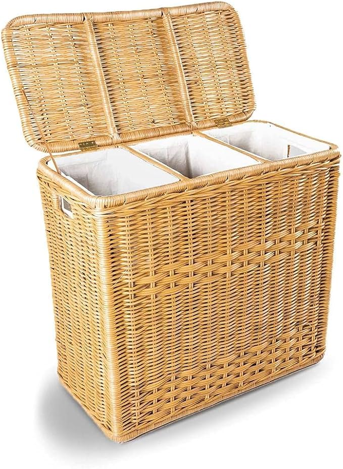 The Basket Lady 3-Compartment Wicker Laundry Hamper, Sandstone | 30" L x 15" W x 28" H, 1.66 cu-ft per section - 3 Fabric Liners, Handcrafted, Fully-assembled, Hinged Lid, Natural rattan by TheBasketLady